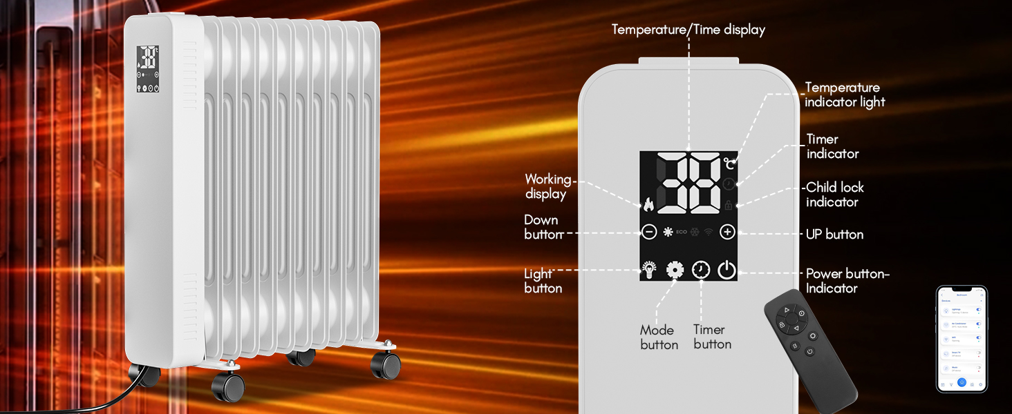 Електричний конвектор Daromigo з термостатом та Wi-Fi, 2000W, IP24, настінний, інфрачервоний, чорний, енергозберігаючий