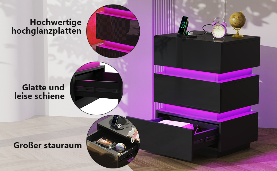 Нічний столик з розеткою та LED, нічний комод з функцією зарядки та USB, 2 шт. (45x35x46/62 см, чорний)