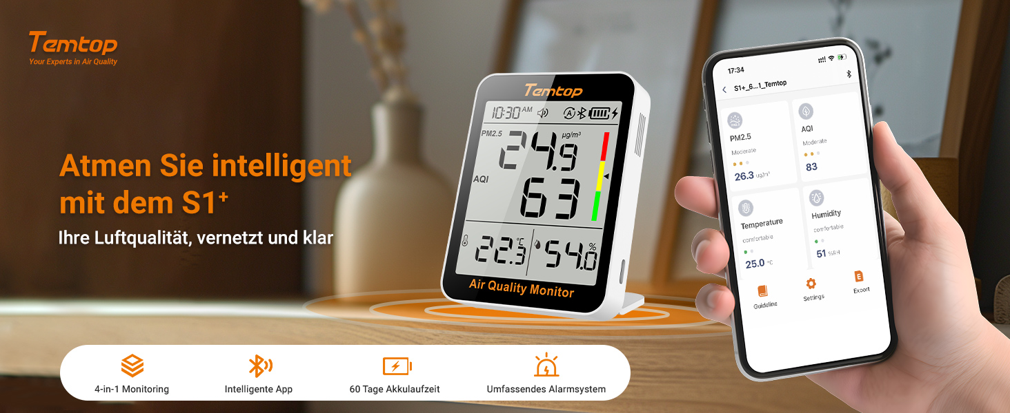 Вимірювач якості повітря Temtop S1+: PM2.5, AQI, температура, вологість, 100 днів роботи, підключення до APP, для дому та офісу