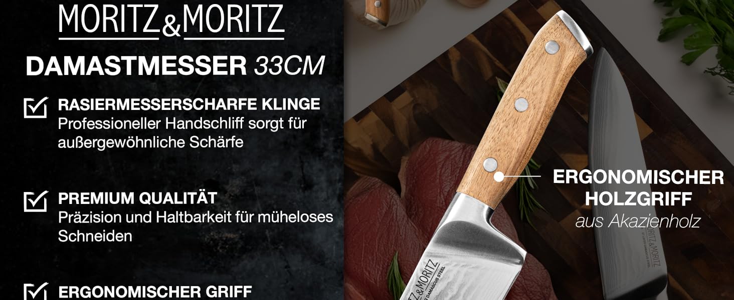 Ніж кухарський Moritz & Moritz Damastmesser 20 см - професійний ніж з дамаської сталі 67 шарів - кухонний ніж з ергономічною ручкою з акації