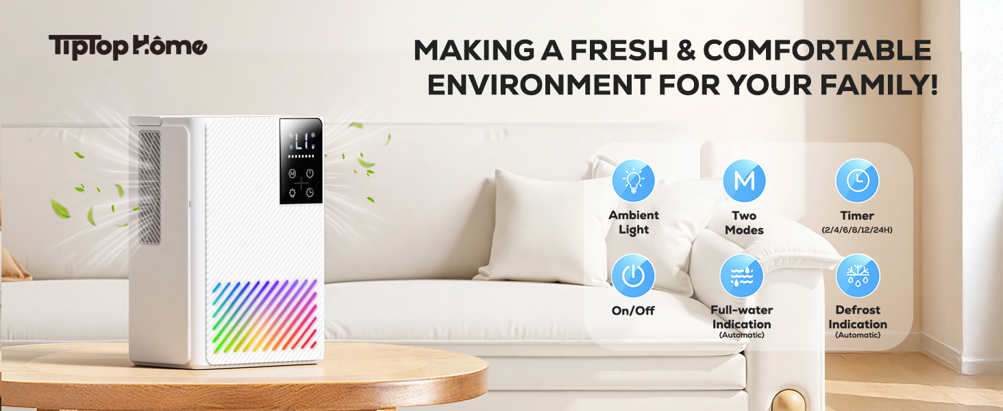 Електричний осушувач повітря 2500 мл з автовимкненням та розморожуванням, 7 кольорів підсвічування, тихий осушувач для дому, портативний, білий