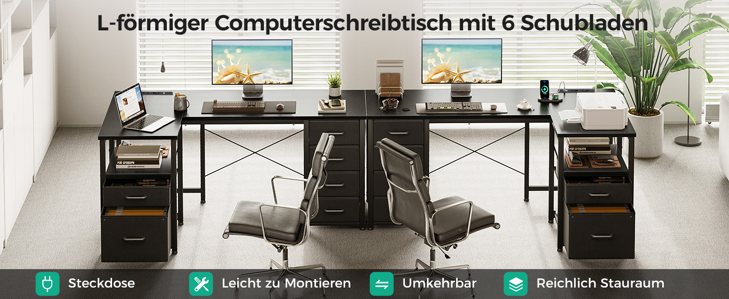 Комп'ютерний стіл Coleshome L-подібний з висувними ящиками з тканини, USB-порт та розетка, для дому та офісу (Чорний, 140x70 см)