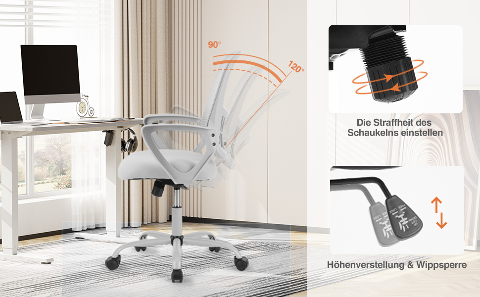 Офісний крісло Sweetcrispy з регульованими підлокітниками, ергономічний крісло для робочого столу з підтримкою попереку, регульована висота, 360° обертання, м'яке сидіння для офісу/кабінету, чорний (сірий, нерухомі підлокітники)