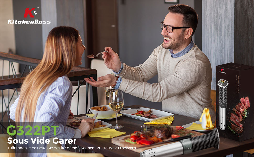 Су-від занурювальний циркулятор KitchenBoss: WiFi, точний контроль температури, керування через додаток, 1100W, діапазон 40-90°C, IPX7, TFT дисплей, тиха робота, карбонове волокно, чорний