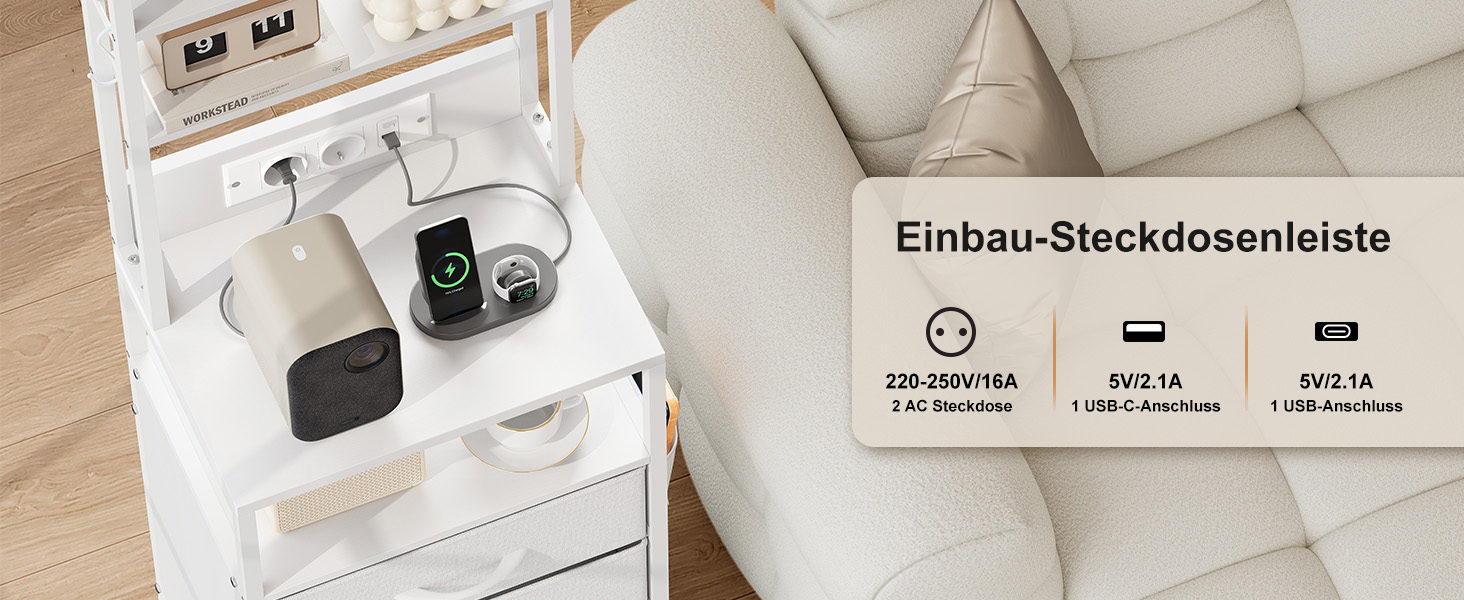 Нічний столик з підзарядкою та LED, бічний столик з 3 висувними ящиками з тканини, тумбочка з полицею для книг, відкрите відділення, 2 розетки AC, USB та Type C порти, для спальні, вітальні, офісу (40x30x60 см, Білий, 1)