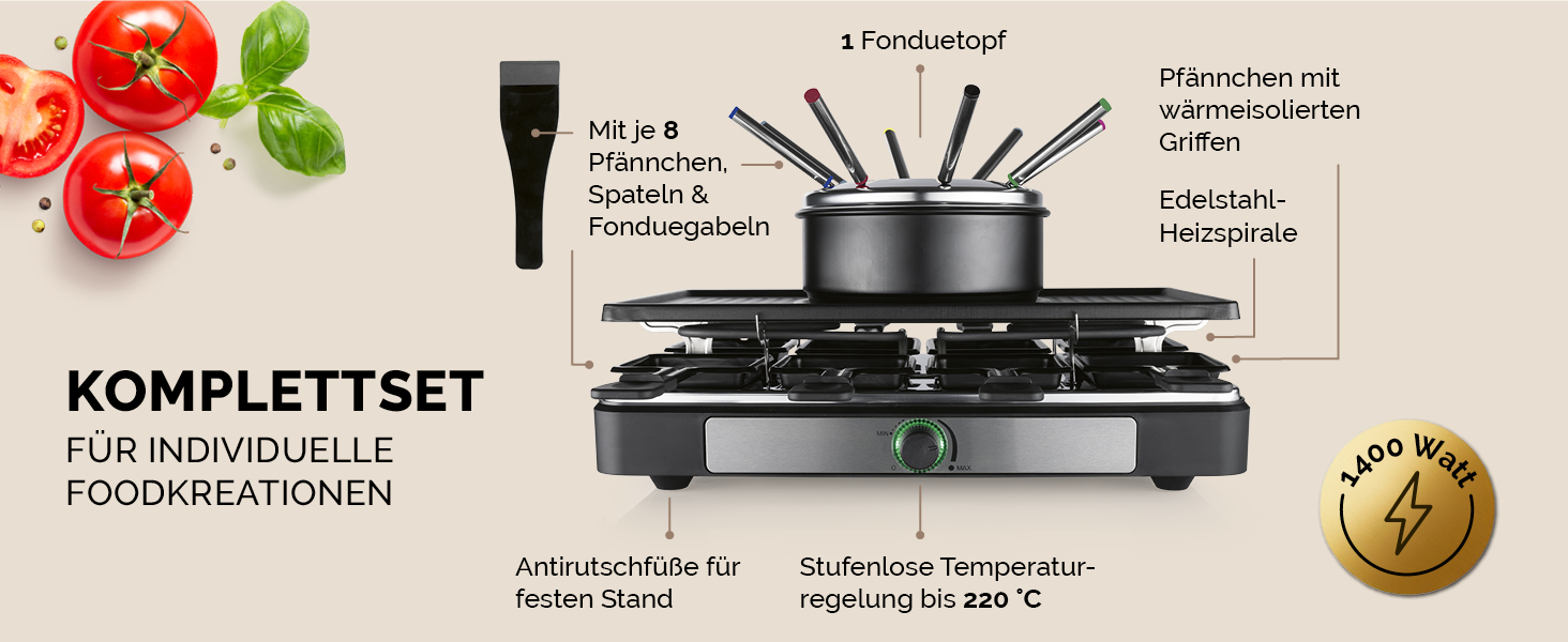 GOURMETmaxx Ракуле-Фондю 2-в-1 на 8 осіб | Ракуле-Фондю комбінація з 8 сковородами, лопатками та виделочками | Ідеально для вечірок | Ракуле та Фондю для 8 осіб