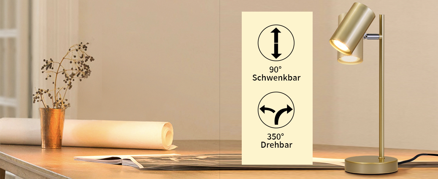 Настільна лампа 2ER Gold: регульована, для спальні, вітальні, офісу, з металу, з вимикачем
