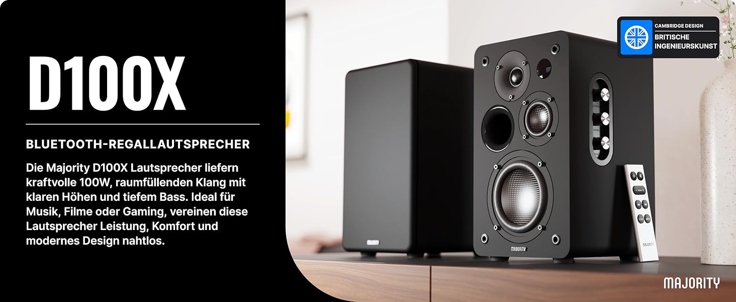 Активні Bluetooth-колонки Majority D100X 100W, вуглецеві драйвери, HDMI ARC, RCA, Optical, Phono, AUX, чорні