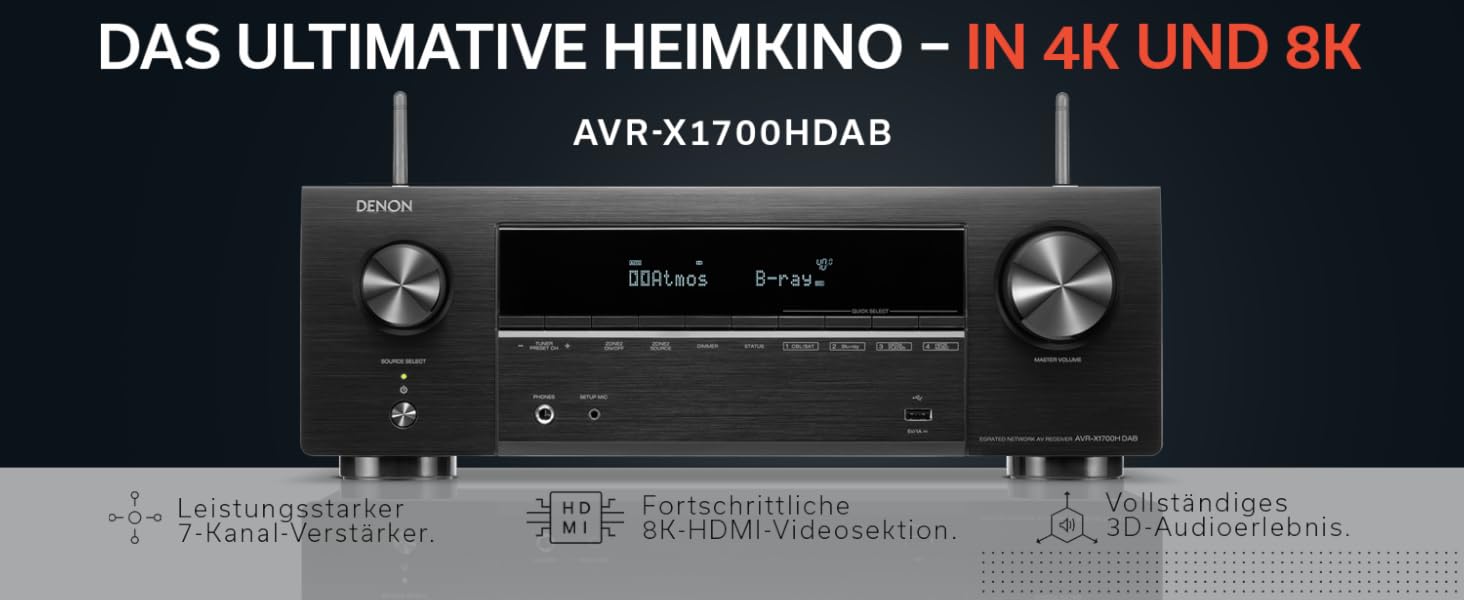 Канальний AV-ресивер Denon AVR-X1700HDAB, Dolby Atmos, DTSX, 8K HDMI, Bluetooth, Wi-Fi, HEOS, Alexa, 7.2-