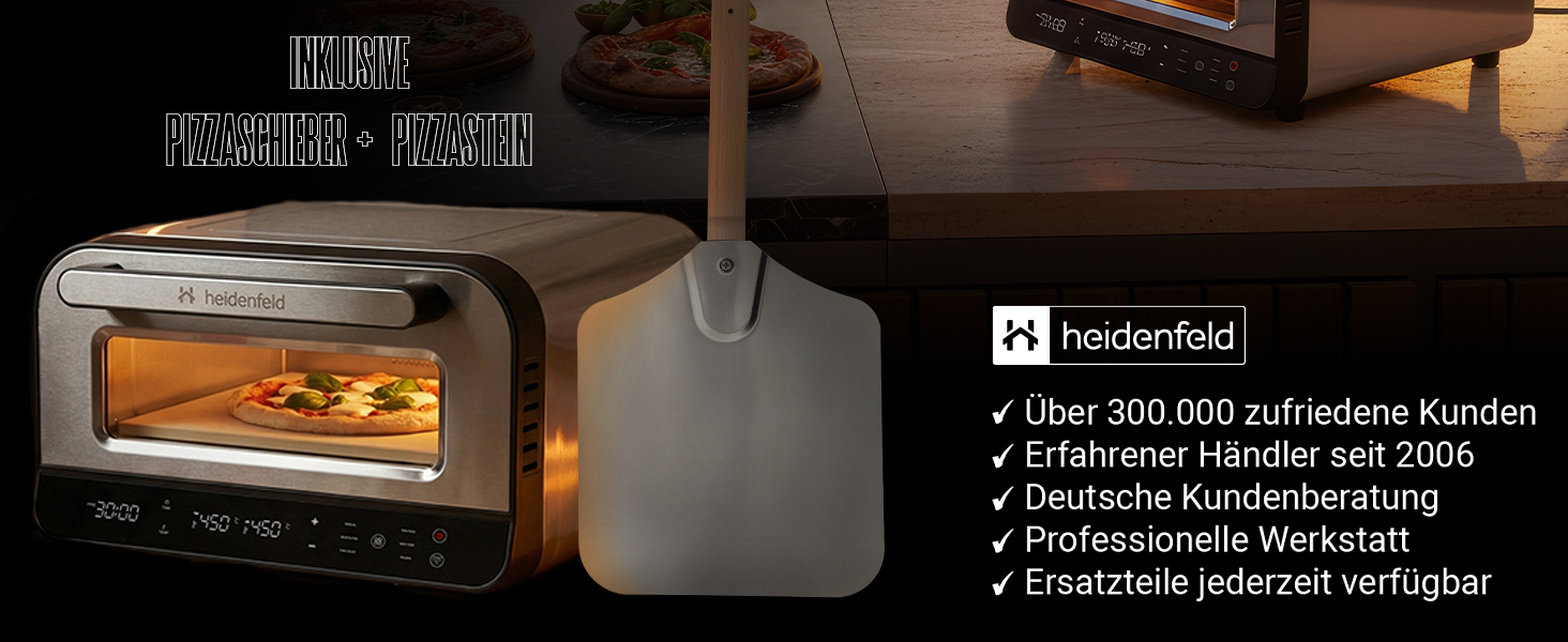 Електрична піч для піци Heidenfeld Pizzaboss, 1850 Вт, до 450°C, повний набір, сріблясто-чорний
