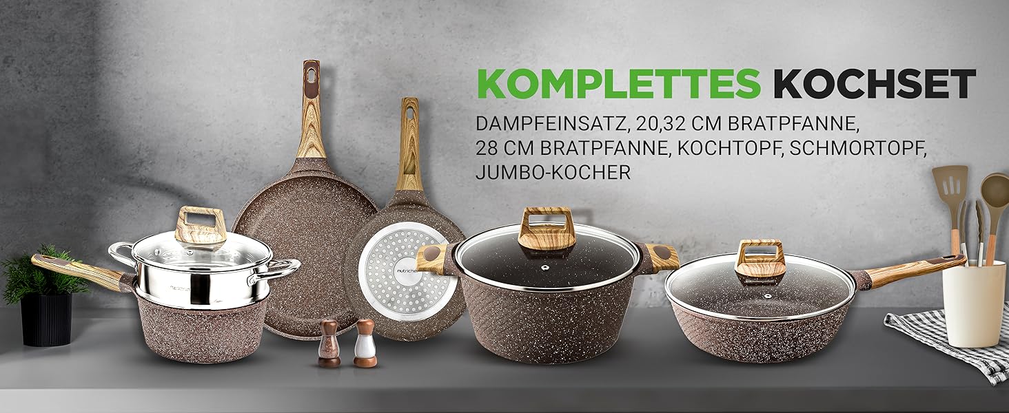 Набір посуду NutriChef Сандбраун 22 предмети: антипригарні каструлі та сковорідки з мармуровим покриттям, включаючи щипці для грилю, форму для випічки та рукавиці для духовки. Підходить для індукційних плит, можна мити в посудомийній машині