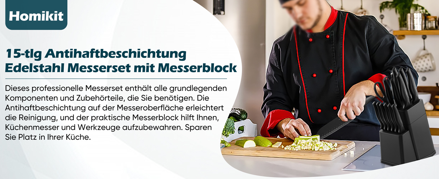 Набір ножів Homikit 15 предметів з підставкою: кухонні ножі з нержавіючої сталі, веточки, 6 ножів для стейків, чорний