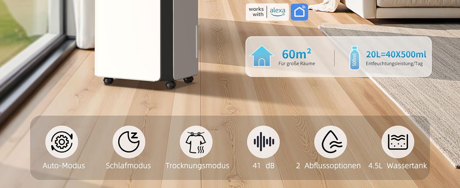 Електричний осушувач повітря HUMILABS 20L з Wi-Fi, для приміщень до 60 м², з гофрованим шлангом, резервуар 4,5л, 3 режими, таймер 24г, білий