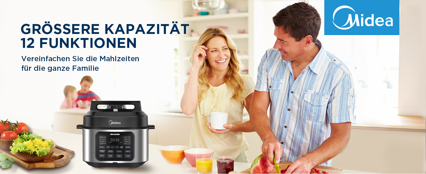Мультиварка Midea 9-в-1, 6л, 12 функцій, електроскороварка (приготування на повільній варці, рисоварка, су-від, випічка), 70% швидше, нержавіюча сталь з покриттям, чорний