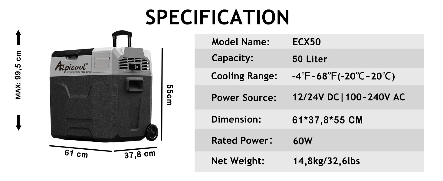 Автомобільний холодильник Alpicool CX50 50л компресорний, портативний, з USB, колесами та телескопічною ручкою для авто, кемпінгу, вантажівок, човнів