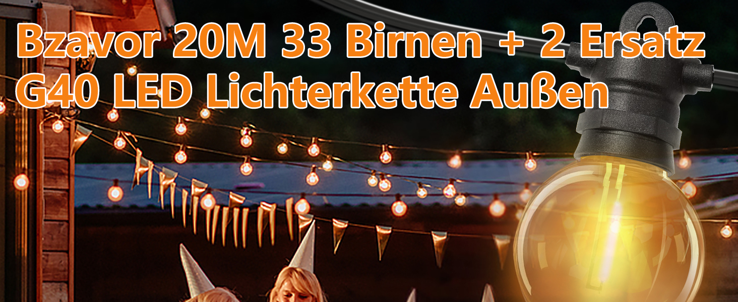 LED гірлянда для зовнішнього використання, G40 лампочки, ABS пластик, сонячна, вологостійка, для романтичного декору саду та балкону (24V, 20M, 33 лампочки)