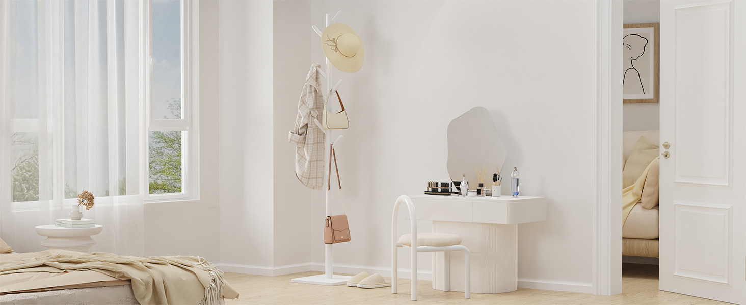 Підвісна вішалка для одягу з масиву дерева, дерев'яна вішалка для одягу, 8 гачків, 3 регульовані висоти, 30x30x180 см, білий колір