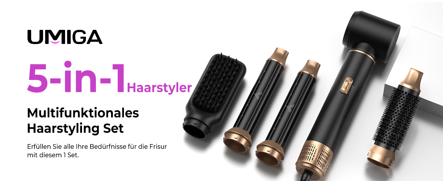 UMIGA Hairstyler 5-в-1: Фен-щітка, стайлер для волосся, випрямляч, плойка, насадки для укладки. Чорний колір