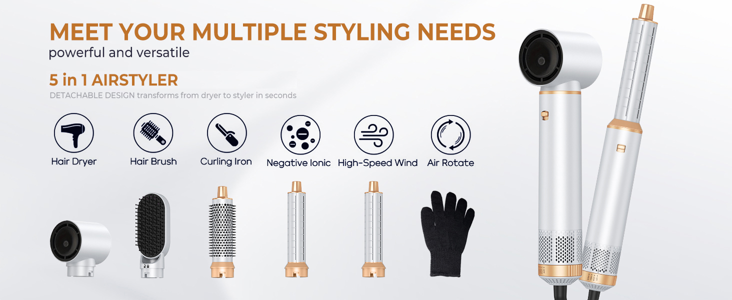 MogaWave Air Styler Pro 6 в 1: Фен-щітка, стайлер для волосся 1000W (білий)