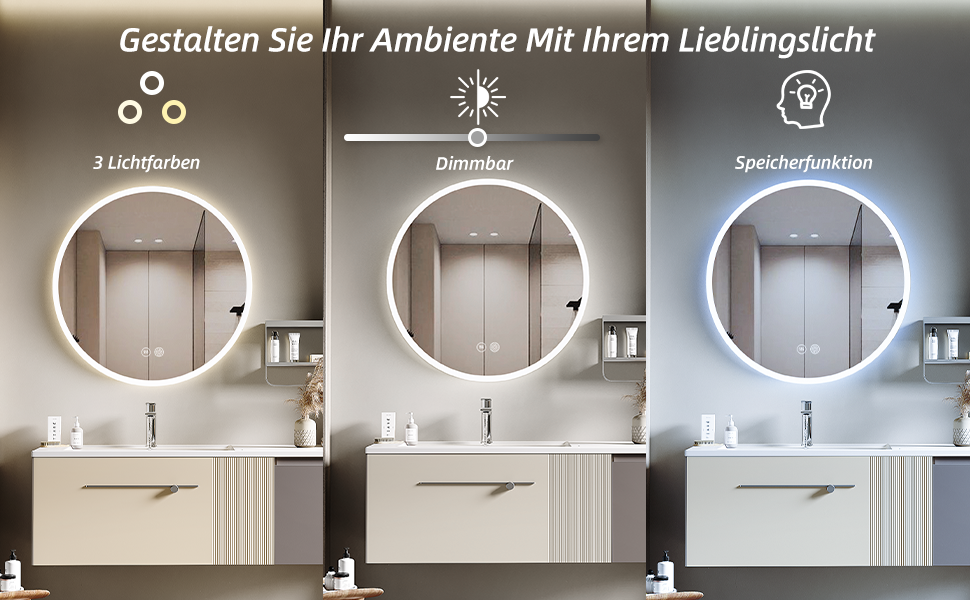Дзеркало для ванної кімнати HySail з підсвічуванням, 5 мм, високоякісне срібне скло, 3 колірні температури та регульована яскравість, настінне дзеркало з сенсорним перемикачем та антизапарюючим покриттям, кругле (3 кольори + регулювання, 80x80 см)