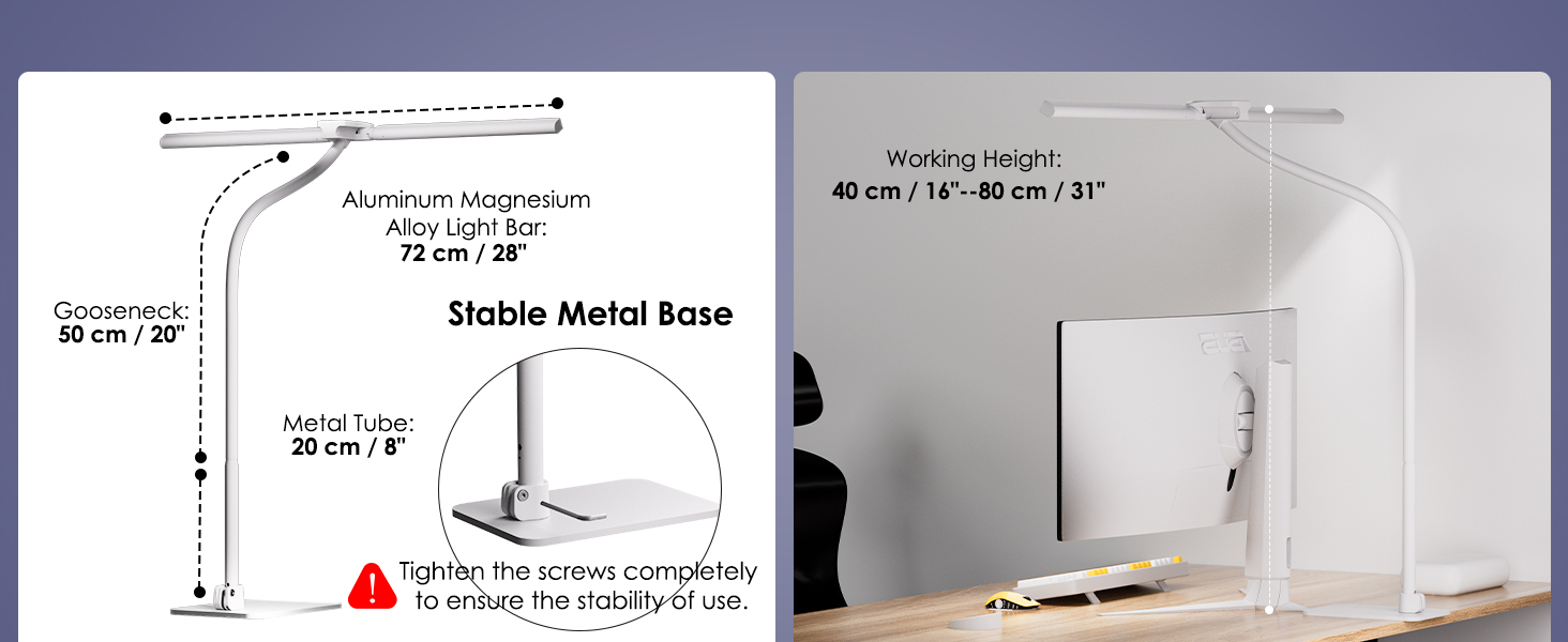 Стіл лампа з двома головками для дітей, захист очей, 16W, 72см, денне світло, диммування, пульт ДУ, лебединий шийка, матовий білий