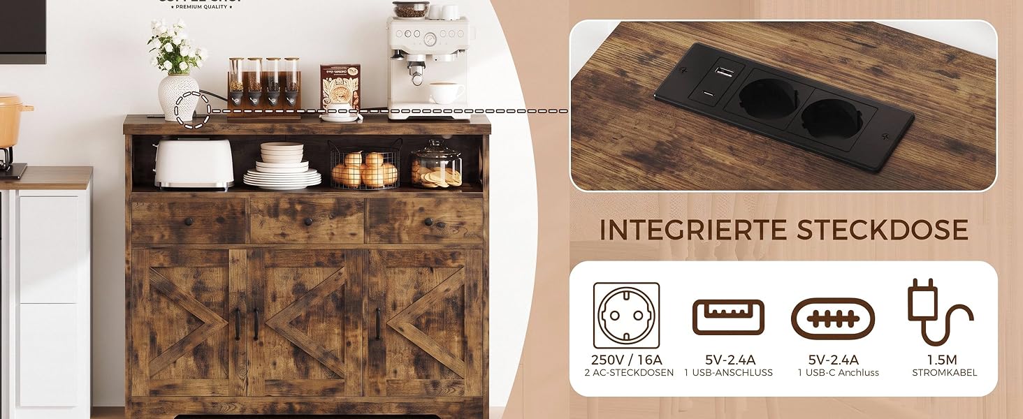 Кухонний комод-буфет IRONCK з розетками (2AC+1USB+1C), шафа для вітальні та їдальні з 3 шухлядами та 3 дверцятами, кава-бар з регульованою полицею, 107x35x95см, Коричневий