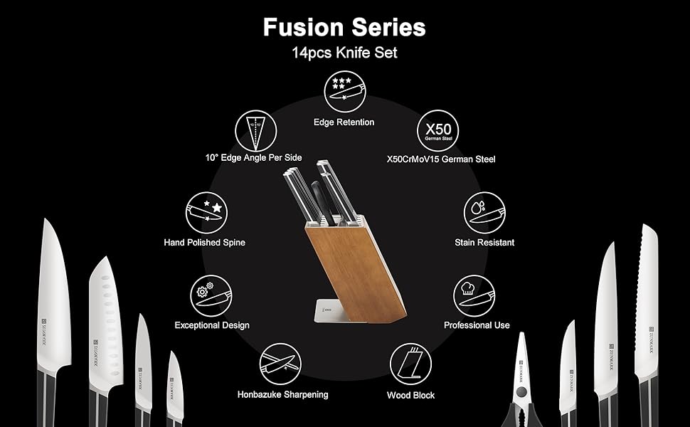 Набір ножів 14 предметів з бруском, кухонний набір ножів з дерев'яним бруском, леза з німецької сталі X50CrMoV15 (шеф-ніж, сантоку, ніж для стейка, ніж для овочів, ножиці). Чорний колір.