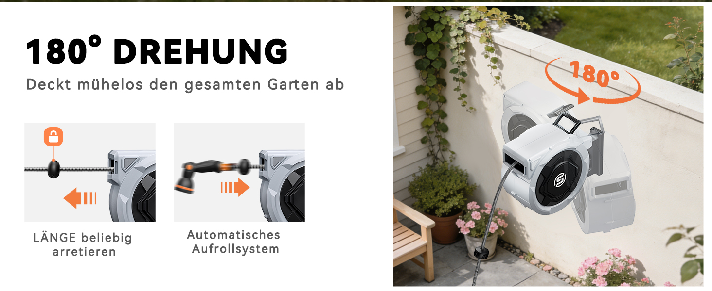 Шланговий барабан SUNPOW настінний 30м для саду, тераси та двору. Автоматичний намотувач шланга 16 мм з фіксацією, поворотна стійка 180°, 10-функціональна насадка для поливу.