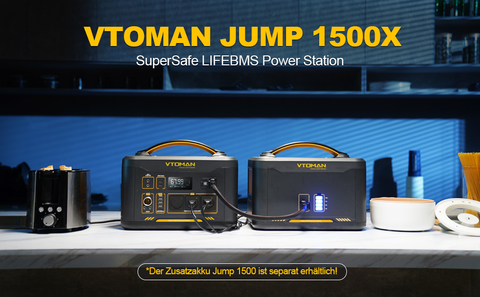 Електростанція VTOMAN Jump 1500X LiFePO4 потужністю 1500 Вт/828 Втгод із сонячною панеллю 110 Вт, з можливістю розширення до 2376 Втгод