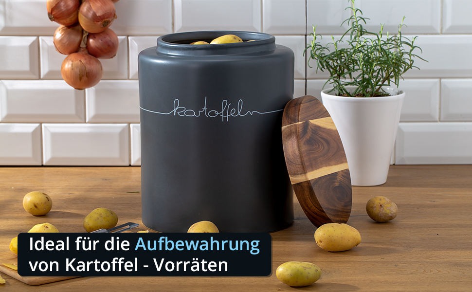 Контейнер для картоплі KHG, кераміка, сірий антрацит з дерев'яним кришкою, 4 кг, з маркуванням, висота 28/21,5 см