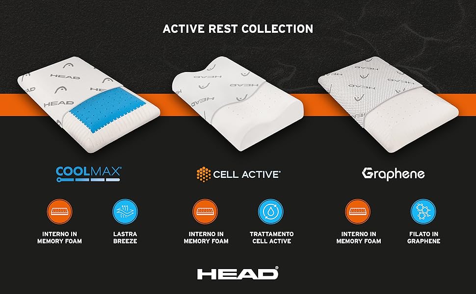Подушка ортопедична з піни Memory Foam та графеном HEAD Active Rest 42x72 см для шиї та голови, антистатична, підвищує рівень мелатоніну