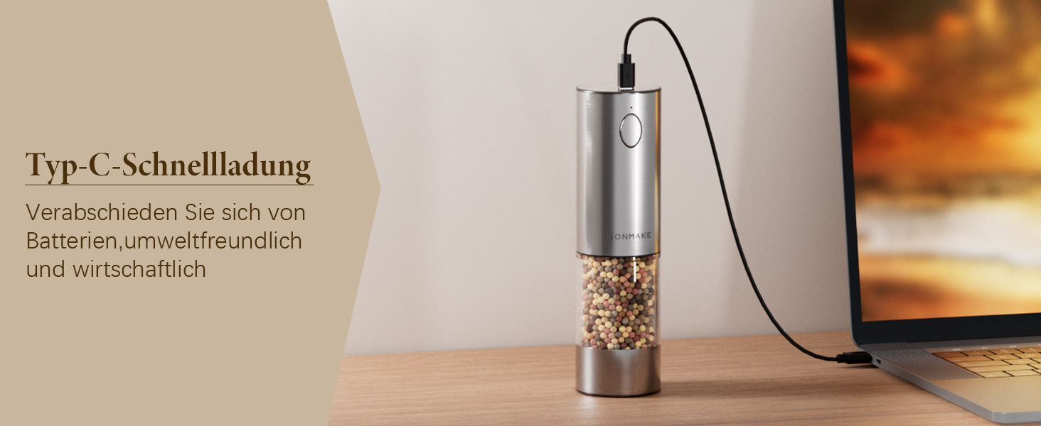 Електричні соляні та перечні млини WONMAKE з регульованим керамічним жорном, USB-зарядка, LED-підсвічуванням, великим об'ємом, з нержавіючої сталі