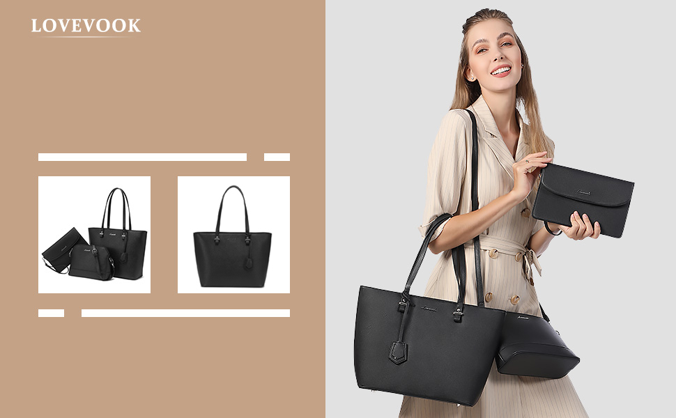 LOVEVOOK Набір сумок для жінок: 3 шт. (шопер, сумка на плече, сумка з ручкою) для подорожей, бізнесу, покупок. Чорний колір, срібна фурнітура