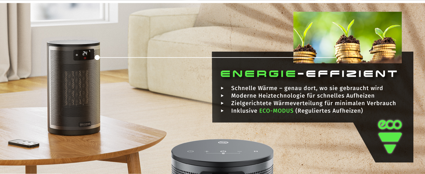 Обігрівач Brandson з дистанційним керуванням, 1500 Вт, 2 режими, ECO, захист від перекидання та перегріву