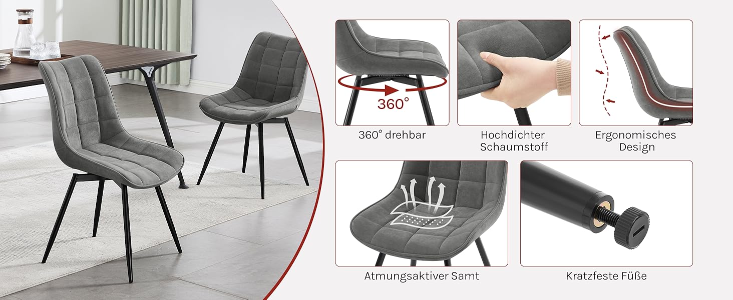 Крісла для їдальні WOLTU, набір 2 шт., обертаються, для кухні, вітальні, з м'яким сидінням з велюру, металеві ніжки, темно-сірий
