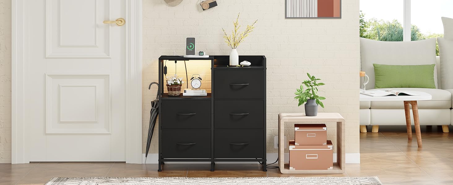 Комод з ящиками для спальні, вітальні, коридору Somdot з LED-підсвічуванням та розетками (2 AC, 1 USB, 1 Type-C), 5 тканинних ящиків, білий, 29T x 66,5B x 70,5H см