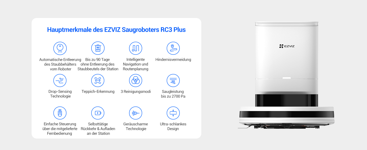 Робот-пилосос EZVIZ RC3, 2700 Па, виявлення килимів, уникнення перешкод, 800 мл, ідеально підходить для шерсті домашніх тварин, чорний