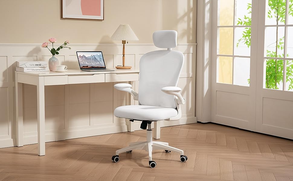 Офісне крісло Vinsetto з високою спинкою, сітчаста тканина, комп'ютерне крісло з обертовою підголівником, 4D підтримка попереку, підйомні підлокітники, регульована висота, білий колір