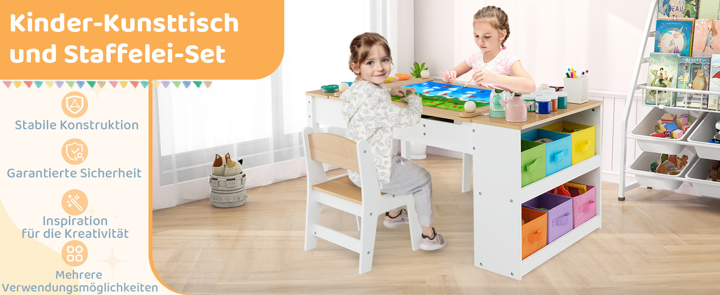 Дитячий стіл COSTWAY 3 в 1 з 2 стільцями, активний стіл-мольберт з підйомною стільницею, набір кольорів, 6 тканинних контейнерів та рулон паперу, сірий, 109x60x55 см