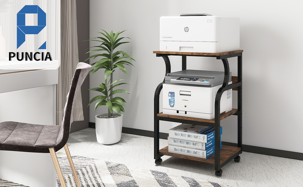 Регульований стіл для принтера PUNCIA з 3 ящиками, на коліщатках, 50x40 см, дерево & метал, для офісу/кабінету, ретро