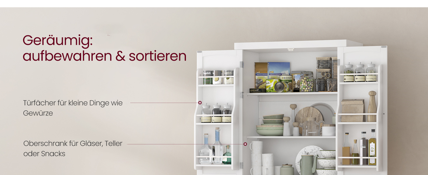 Шафа кухонна VASAGLE, висока, буфет-вітрина, з регульованими полицями, з ящиками, для кухні/вітальні, 40 x 76 x 182,1 см, білий BBC561W21