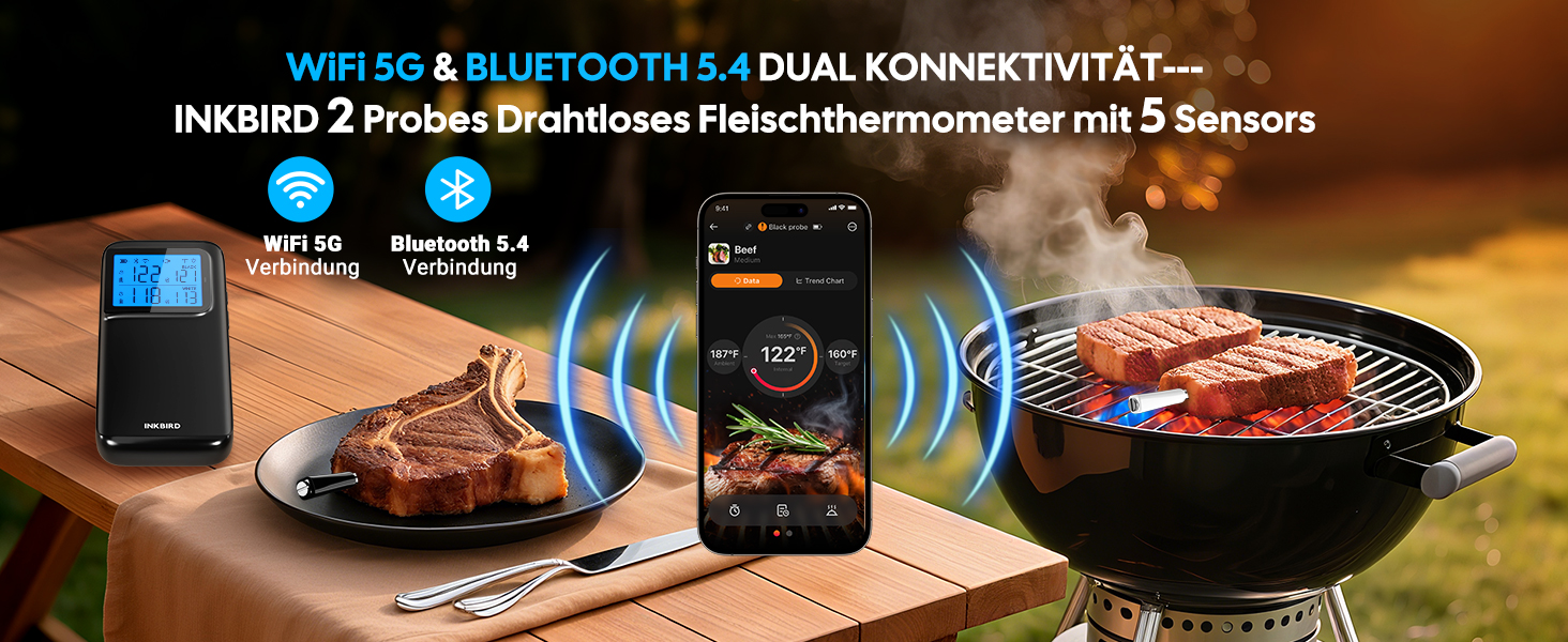 Бездротовий термометр для м'яса INKBIRD INT-12E-BW з Wi-Fi, Bluetooth, 2 зонди, 5 сенсорів. Для гриля, BBQ, духовки, кухні, ротатерії, Airfryer.