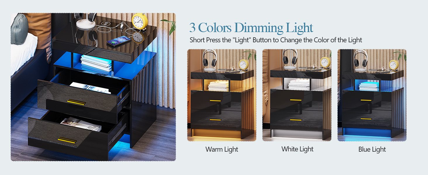 Нічний столик Lvifur з LED-підсвічуванням, сенсором руху та USB/Type-C зарядкою, 2 шухляди, бездротова зарядка, 3 кольори, регулювання яскравості, чорний колір