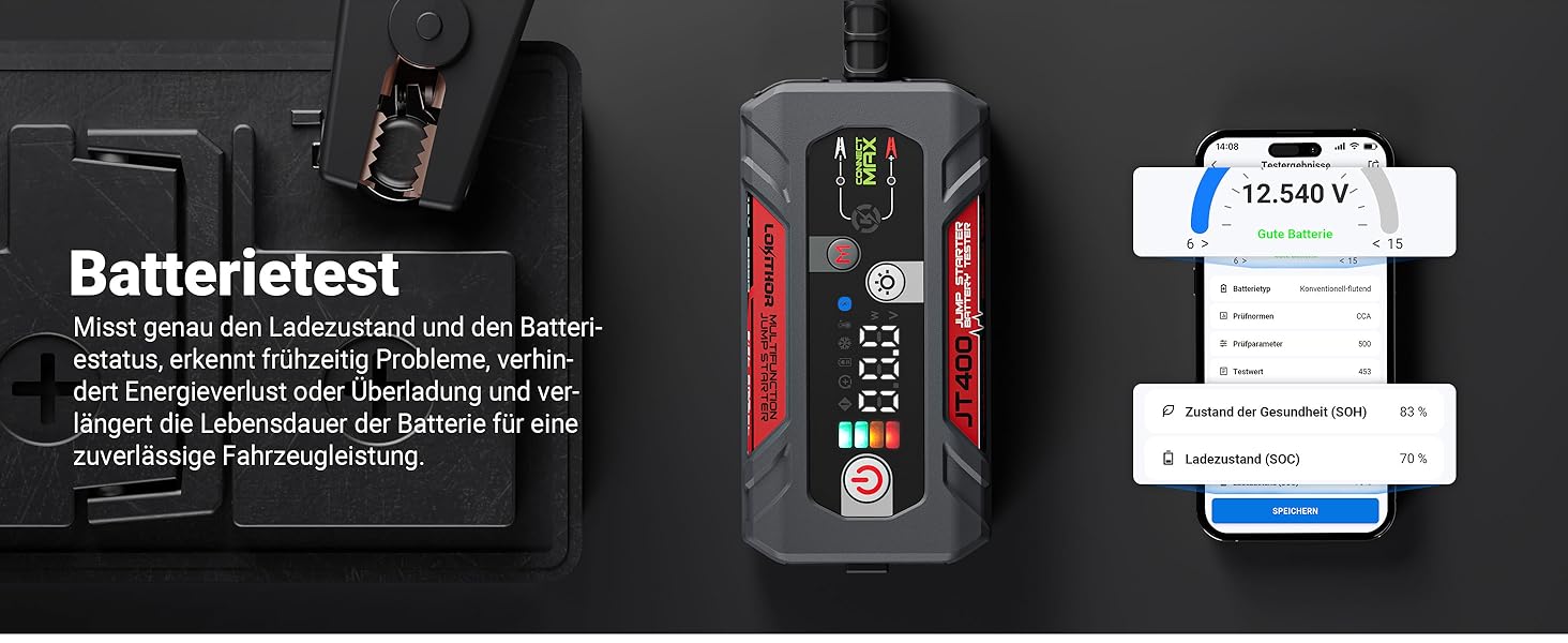 Портативний пусковий пристрій та тестер акумулятора LOKITHOR JT400: 2500A, 12V, для бензинових (8.5L) та дизельних (6.5L) авто