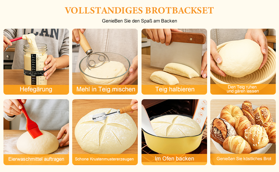 Набір для приготування закваски та випікання хліба 10 предметів: 2 кошики для бродіння (23см круглі, 25см овальні), 730мл банку для закваски, повний набір аксесуарів для випікання закваски для початківців