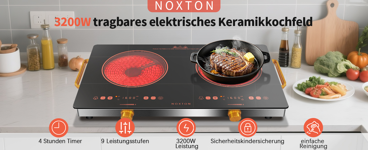 Плита електрична подвійна NOXTON з ручкою 3200W, склокерамічна, 2 конфорки, таймер, захист від дітей - для кухні, кемпінгу