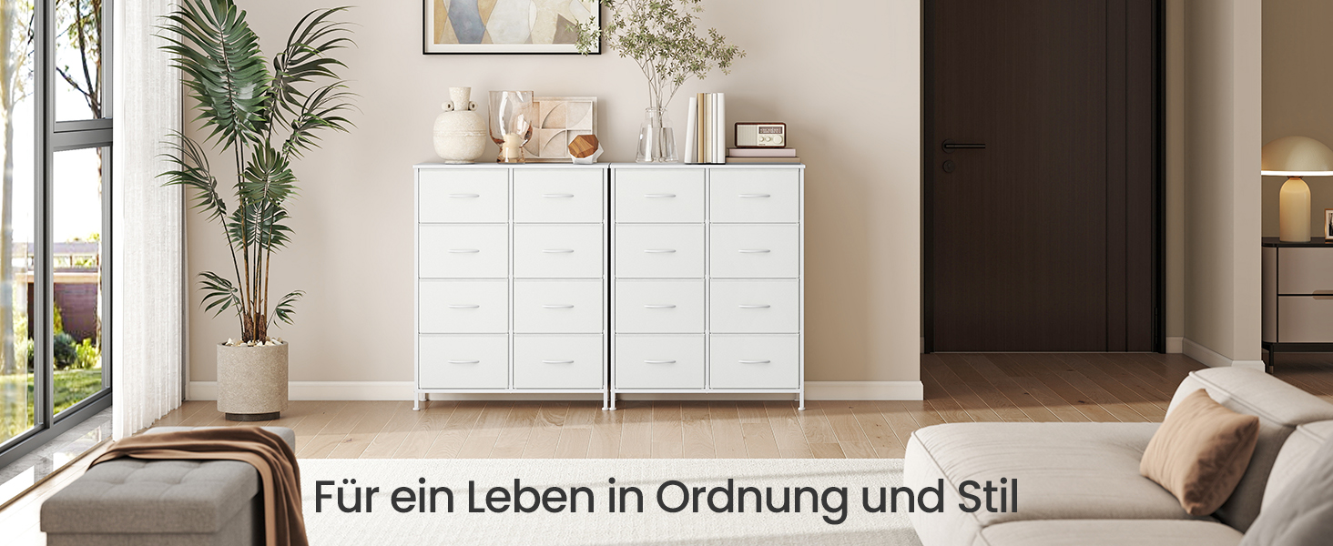 SONGMICS Комод з 8 висувними ящиками, шафа для зберігання, сталь, MDF, фліс, для спальні, прихожей, вітальні, вінтажний коричневий-чорний, LGS124BH04 (8 ящиків, хмарно-білий + сніжно-білий)