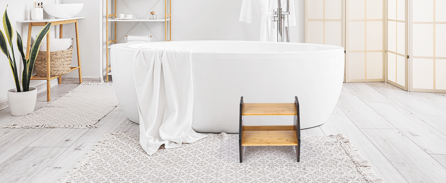 Сходинка StrongTek з бамбука для дітей та дорослих, 38 см, антиковзні сходинки, 160 кг, портативна дерев'яна сходинка з бічними ручками для ванної та кухні