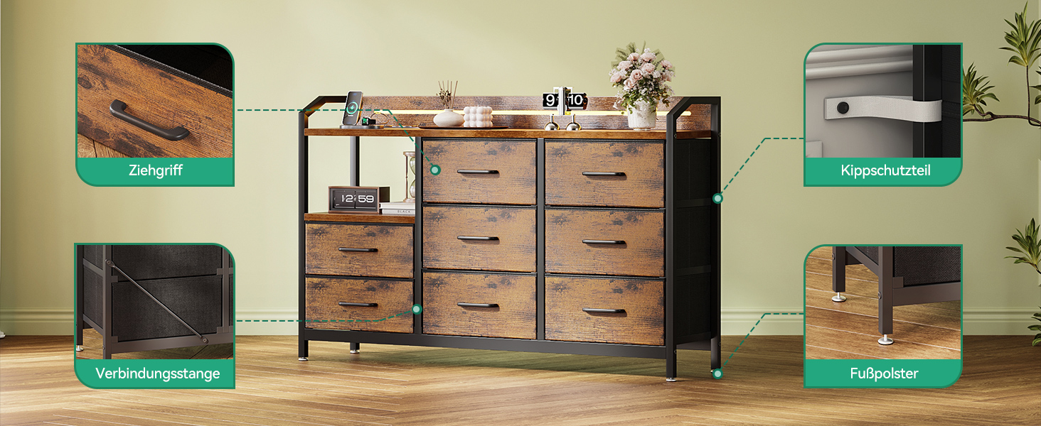 Комод ODK з висувними ящиками та LED-підсвіткою, 10 кольорів, 2 USB та 2 розетки, 8 тканинних ящиків, для вітальні/спальні, 110x30x88 см, вінтажний стиль