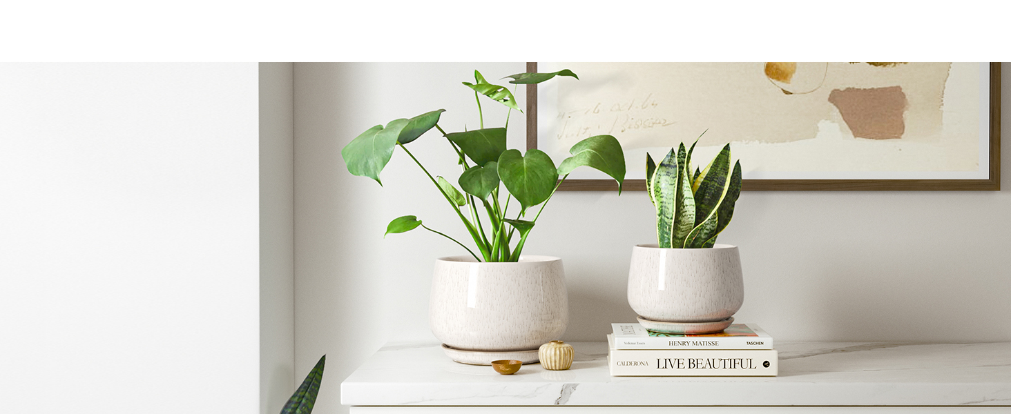 Керамічні горщики LE TAUCI з підставкою, 10+13+16 см, набір 3 шт. для кімнатних рослин, з дренажним отвором, бежева реактивна глазур